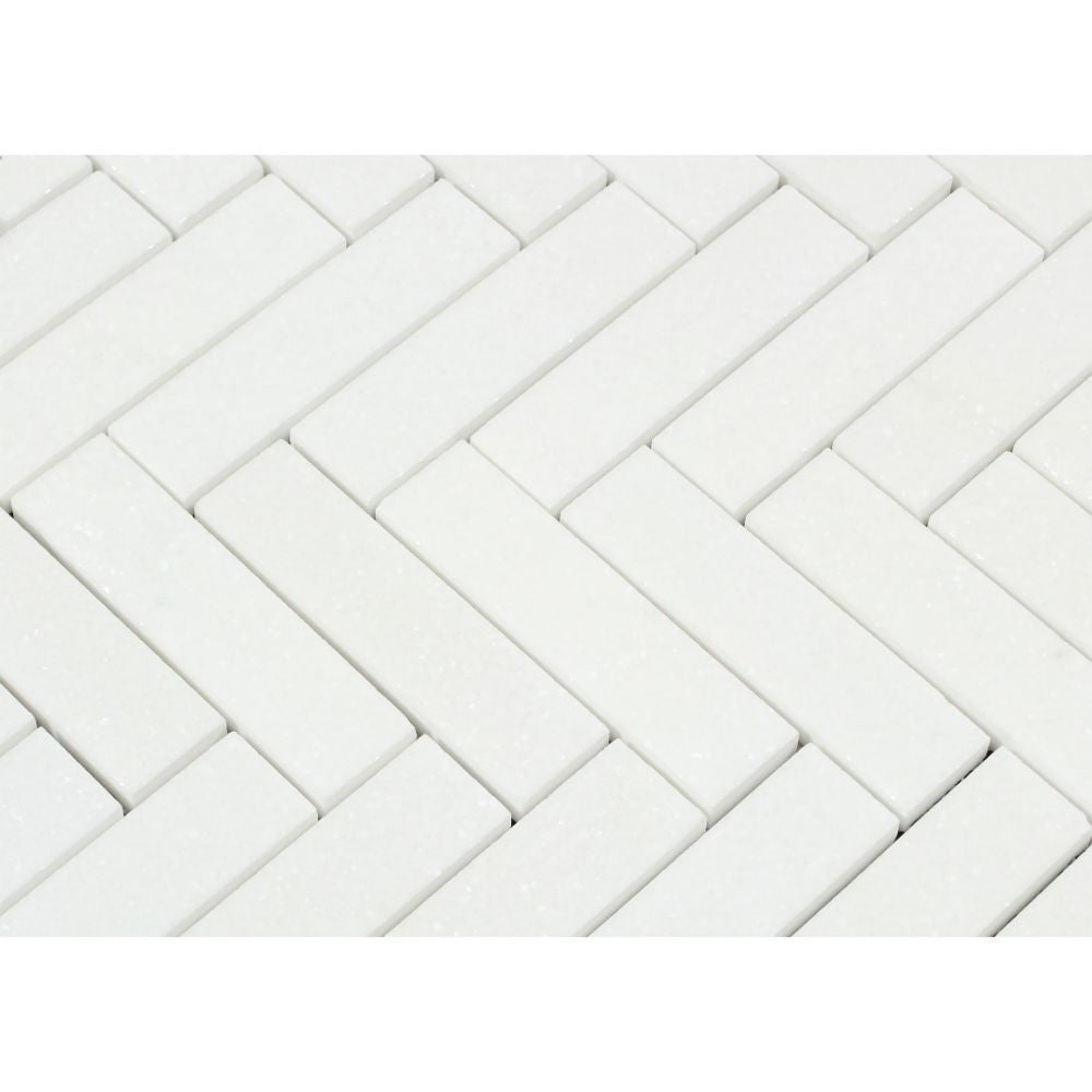 1 x 4 Honed Thassos White Marble Herringbone Mosaic Tile - Tilephile