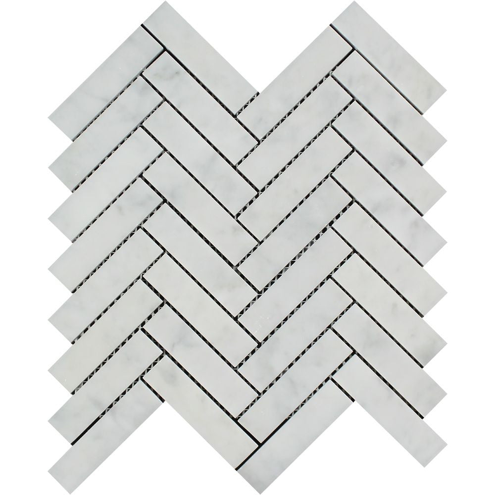 1 x 4 Polished Bianco Carrara Marble Herringbone Mosaic Tile Sample - Tilephile