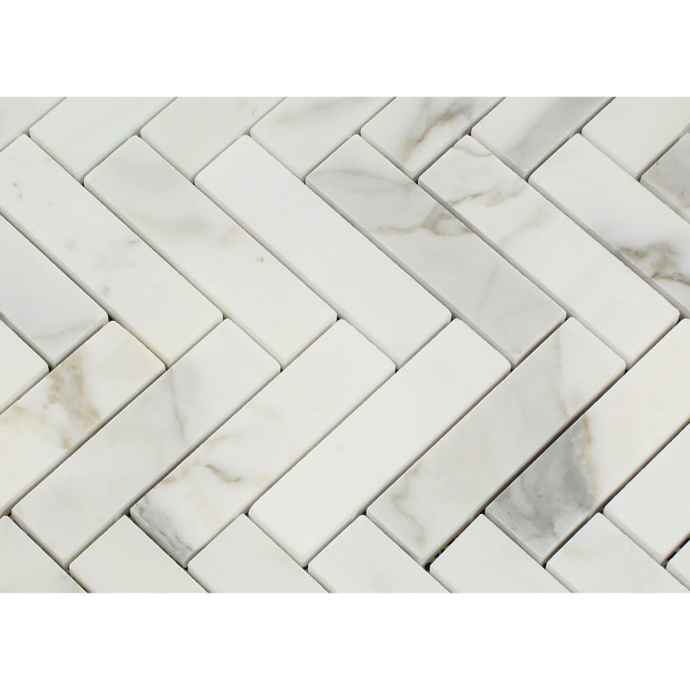 1 x 4 Polished Calacatta Gold Marble Herringbone Mosaic Tile - Tilephile