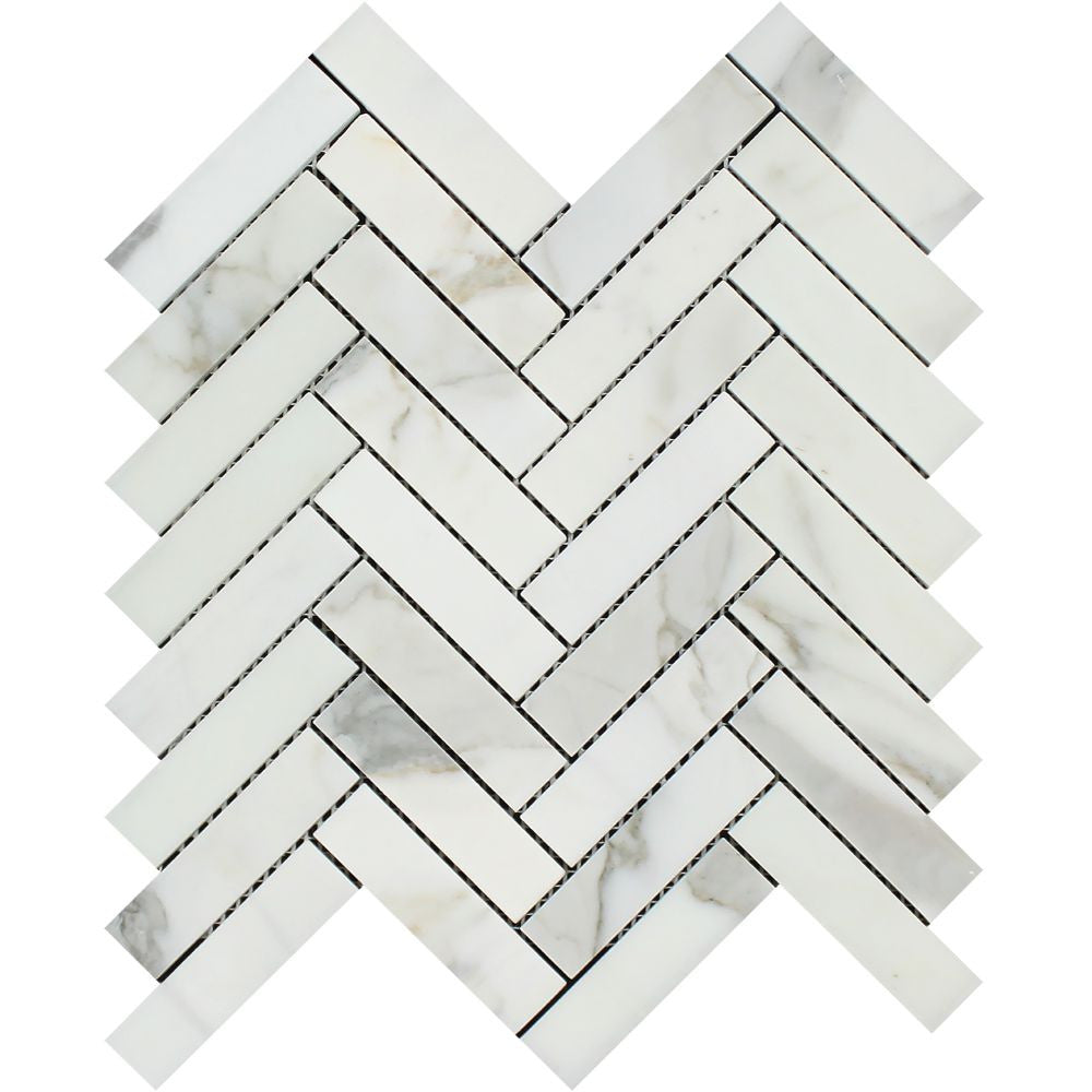 1 x 4 Polished Calacatta Gold Marble Herringbone Mosaic Tile - Tilephile