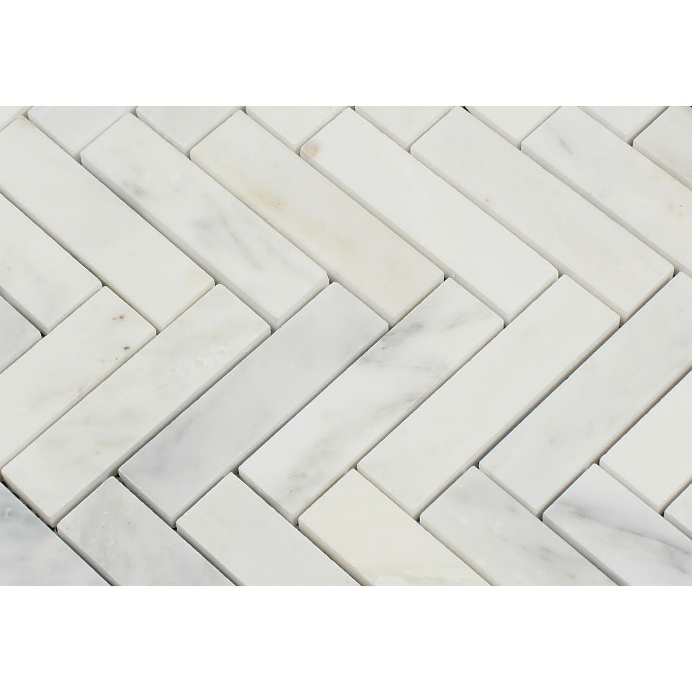 1 x 4 Polished Oriental White Marble Mini Herringbone Mosaic Tile - Tilephile
