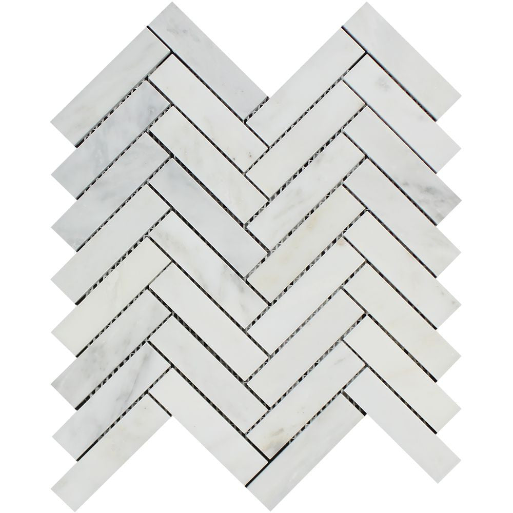 1 x 4 Polished Oriental White Marble Mini Herringbone Mosaic Tile - Tilephile