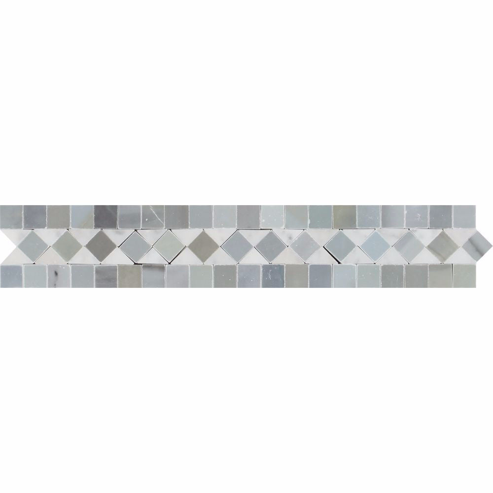 2 x 12 Honed Bianco Carrara Marble BIAS Border w/ Blue-Gray Dots Sample - Tilephile