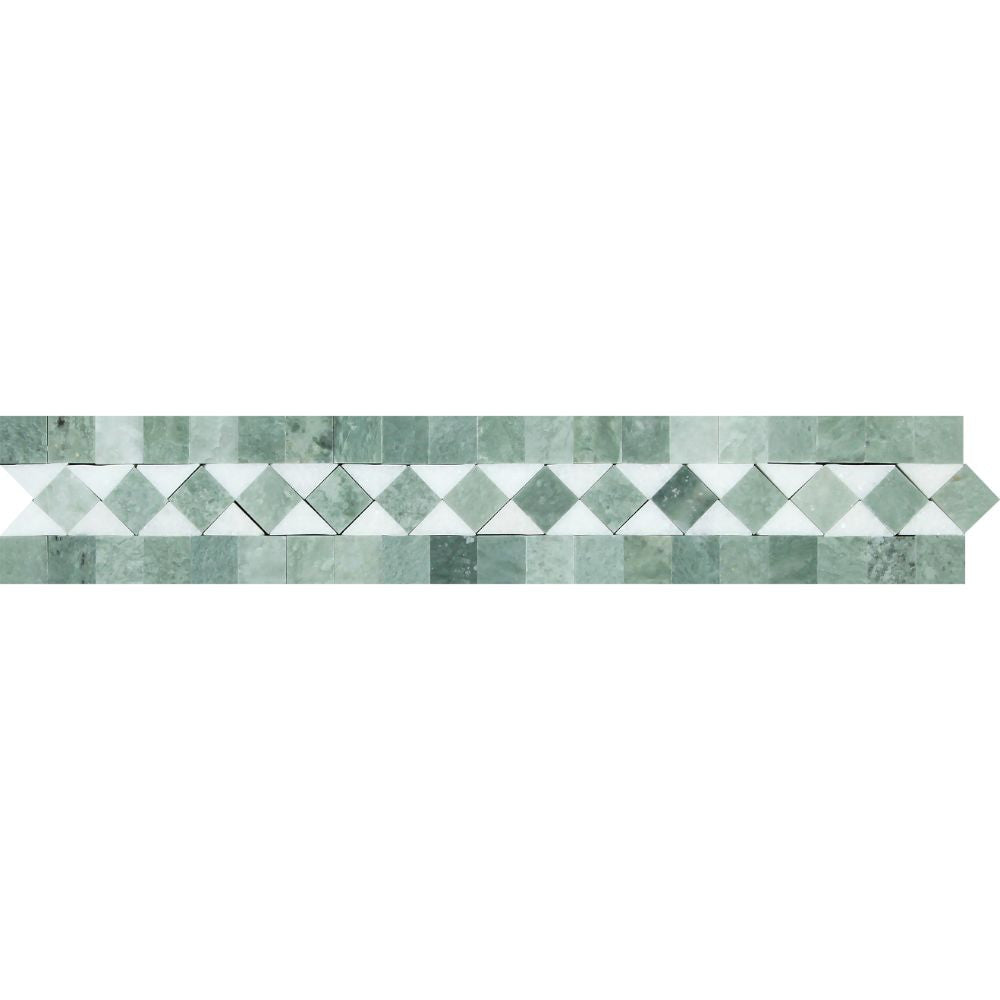 2 x 12 Honed Thassos White Marble BIAS Border w/ Ming Green Dots - Tilephile