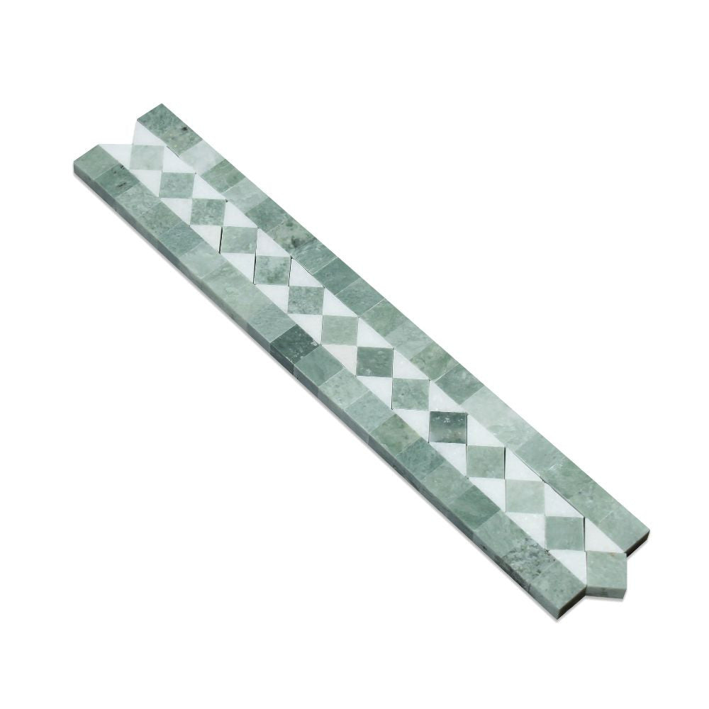 2 x 12 Polished Thassos White Marble BIAS Border w/ Ming Green Dots - Tilephile