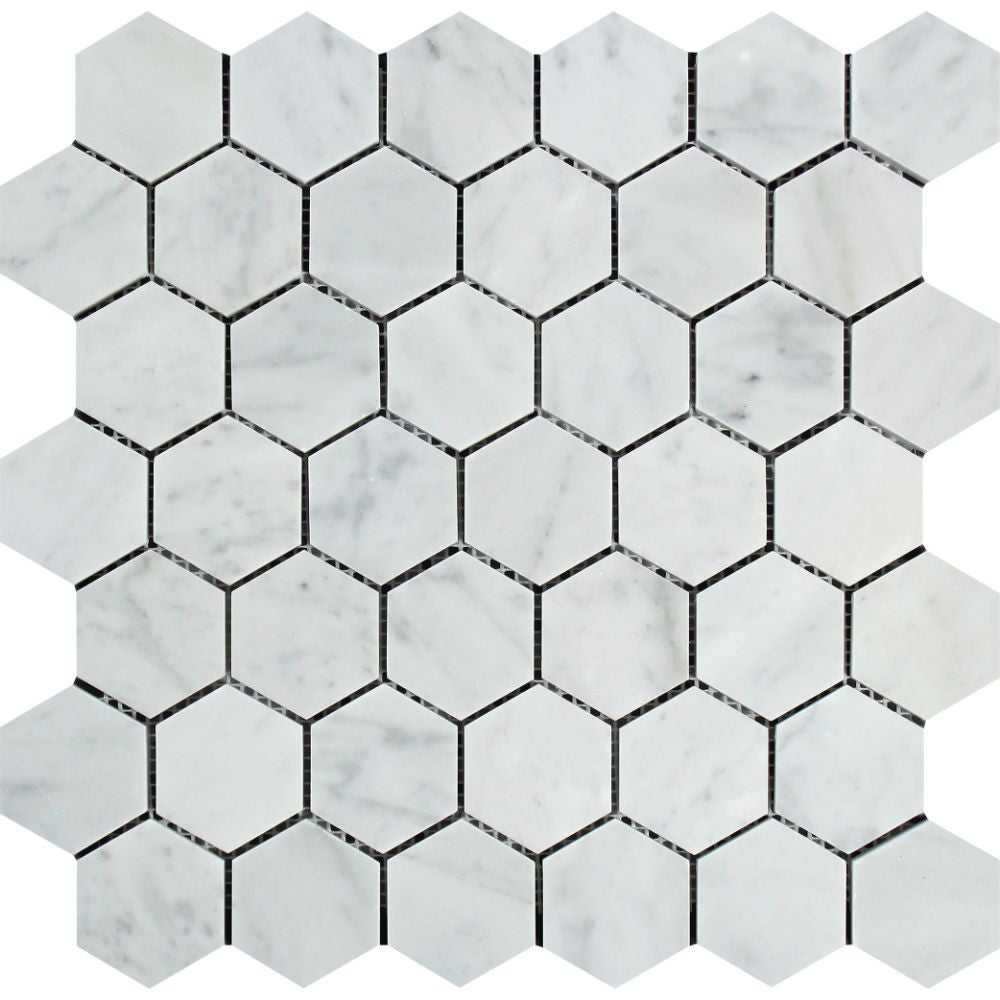 2 x 2 Honed Bianco Carrara Marble Hexagon Mosaic Tile Sample - Tilephile