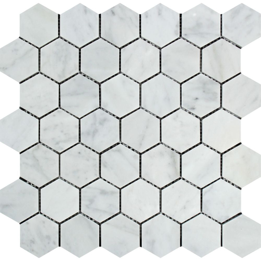 2 x 2 Honed Bianco Carrara Marble Hexagon Mosaic Tile - Tilephile