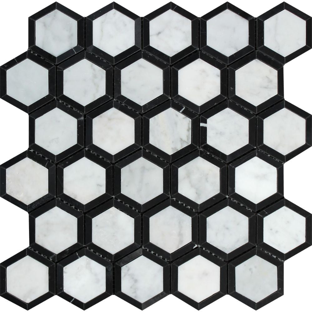 2 x 2 Honed Bianco Carrara Marble Vortex Hexagon Mosaic Tile (w/ Black) - Tilephile
