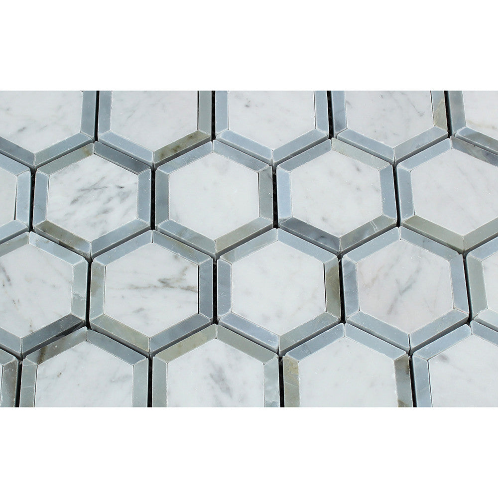 2 x 2 Honed Bianco Carrara Marble Vortex Hexagon Mosaic Tile (w/ Blue-Gray) - Tilephile