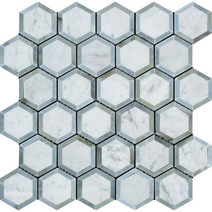 2 x 2 Honed Bianco Carrara Marble Vortex Hexagon Mosaic Tile (w/ Blue-Gray) - Tilephile