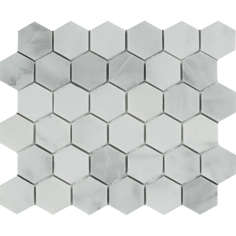 2 x 2 Honed Bianco Mare Marble Hexagon Mosaic Tile - Tilephile