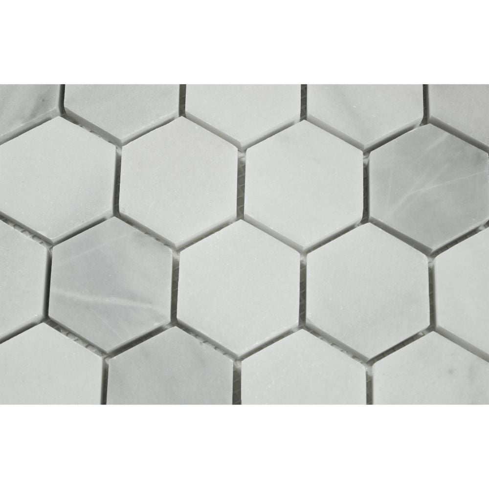 2 x 2 Honed Bianco Mare Marble Hexagon Mosaic Tile - Tilephile
