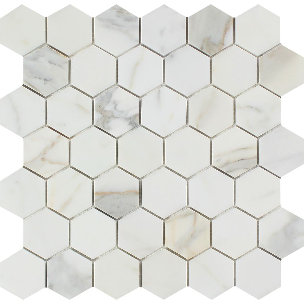 2 x 2 Honed Calacatta Gold Marble Hexagon Mosaic Tile Sample - Tilephile