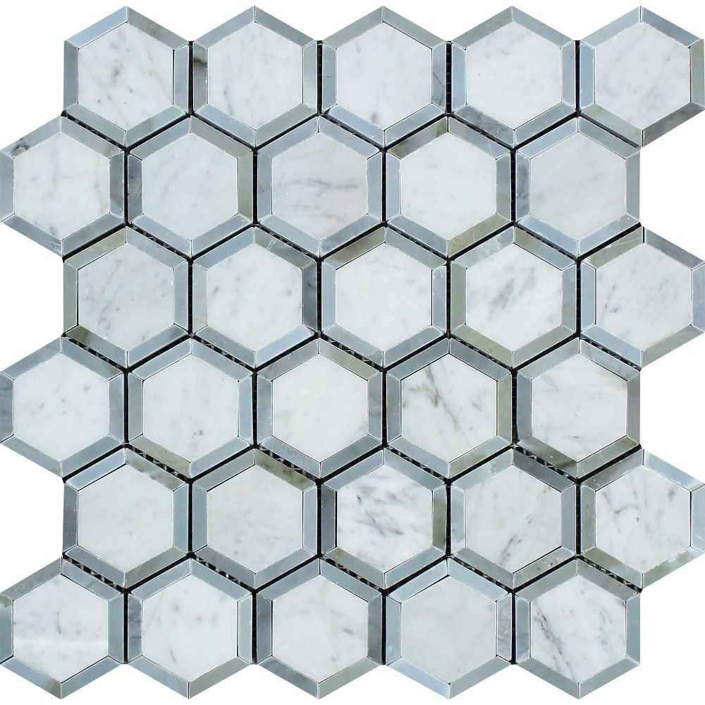2 x 2 Polished Bianco Carrara Marble Vortex Hexagon Mosaic Tile (w/ Blue-Gray) Sample - Tilephile