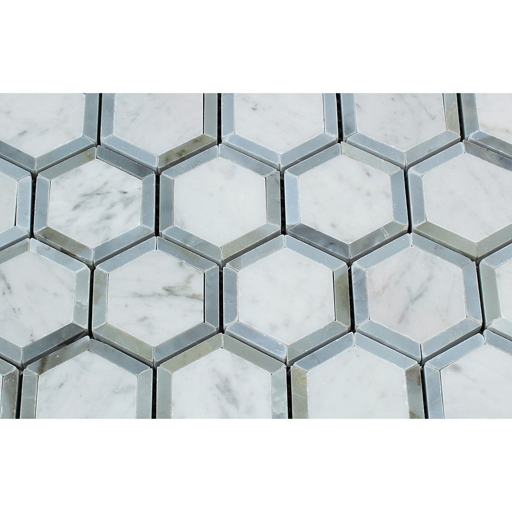 2 x 2 Polished Bianco Carrara Marble Vortex Hexagon Mosaic Tile (w/ Blue-Gray) - Tilephile