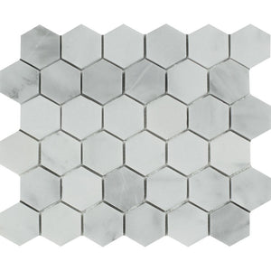 2 x 2 Polished Bianco Mare Marble Hexagon Mosaic Tile - Tilephile