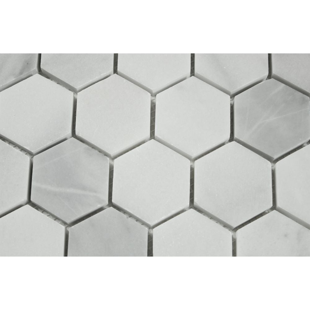 2 x 2 Polished Bianco Mare Marble Hexagon Mosaic Tile - Tilephile