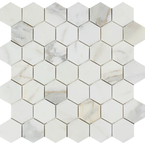 2 x 2 Polished Calacatta Gold Marble Hexagon Mosaic Tile - Tilephile