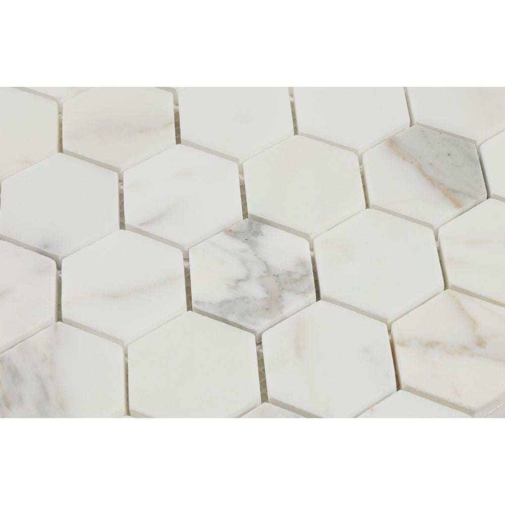 2 x 2 Polished Calacatta Gold Marble Hexagon Mosaic Tile - Tilephile