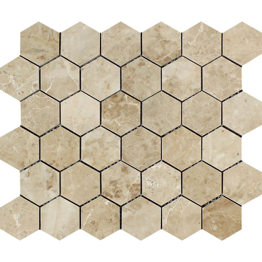 2 x 2 Polished Cappuccino Marble Hexagon Mosaic Tile Sample - Tilephile