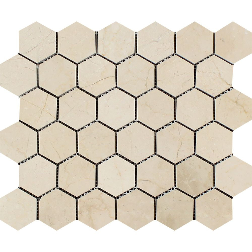 2 x 2 Polished Crema Marfil Marble Hexagon Mosaic Tile - Tilephile