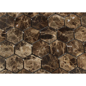 2 x 2 Polished Emperador Dark Marble Hexagon Mosaic Tile - Tilephile