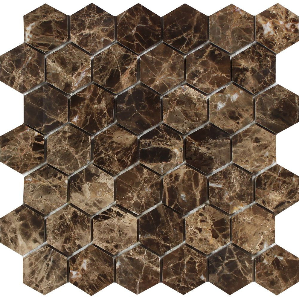 2 x 2 Polished Emperador Dark Marble Hexagon Mosaic Tile - Tilephile