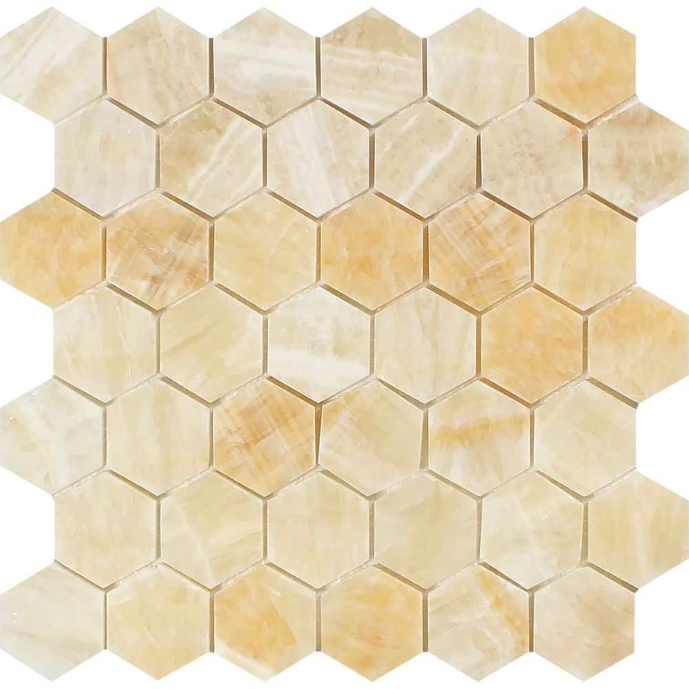 2 x 2 Polished Honey Onyx Hexagon Mosaic Tile Sample - Tilephile