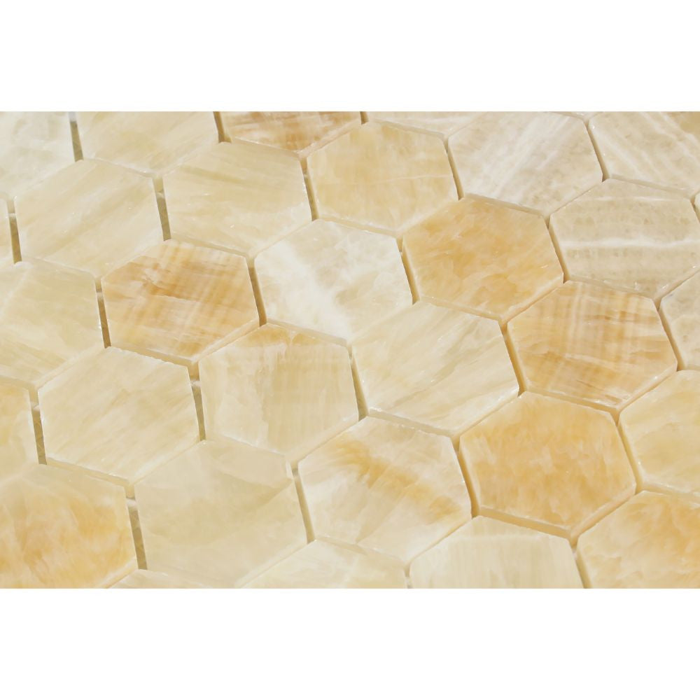 2 x 2 Polished Honey Onyx Hexagon Mosaic Tile - Tilephile