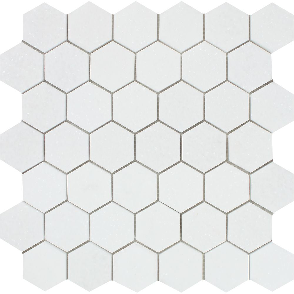 2 x 2 Polished Thassos White Marble Hexagon Mosaic Tile - Tilephile