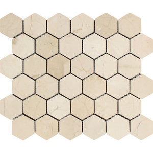 2 x 2 Tumbled Crema Marfil Marble Hexagon Mosaic Tile - Tilephile