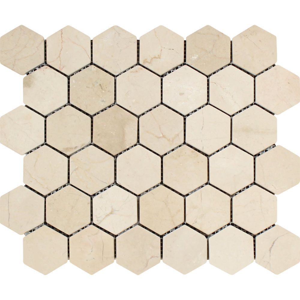2 x 2 Tumbled Crema Marfil Marble Hexagon Mosaic Tile Sample - Tilephile