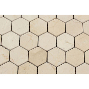 2 x 2 Tumbled Crema Marfil Marble Hexagon Mosaic Tile - Tilephile