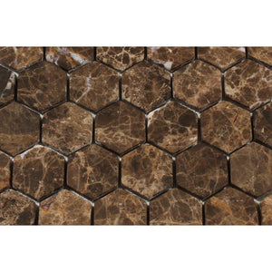 2 x 2 Tumbled Emperador Dark Marble Hexagon Mosaic Tile - Tilephile