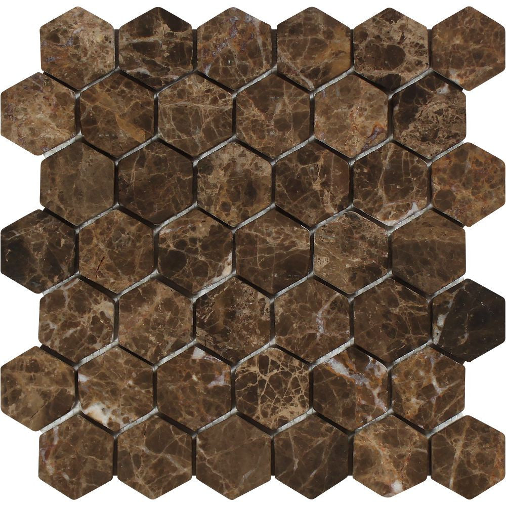 2 x 2 Tumbled Emperador Dark Marble Hexagon Mosaic Tile - Tilephile