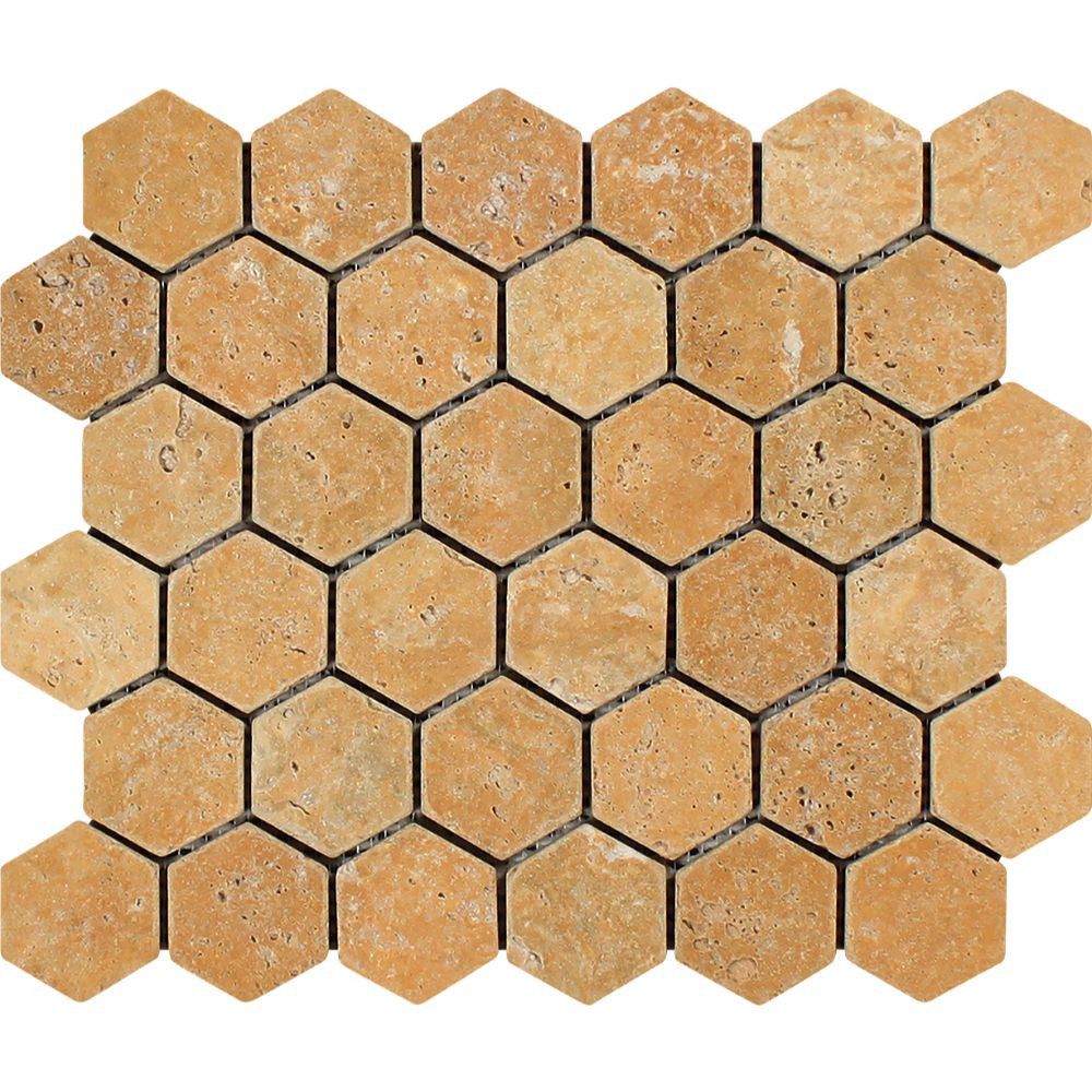 2 x 2 Tumbled Gold Travertine Hexagon Mosaic Tile Sample - Tilephile