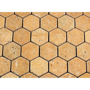 2 x 2 Tumbled Gold Travertine Hexagon Mosaic Tile - Tilephile