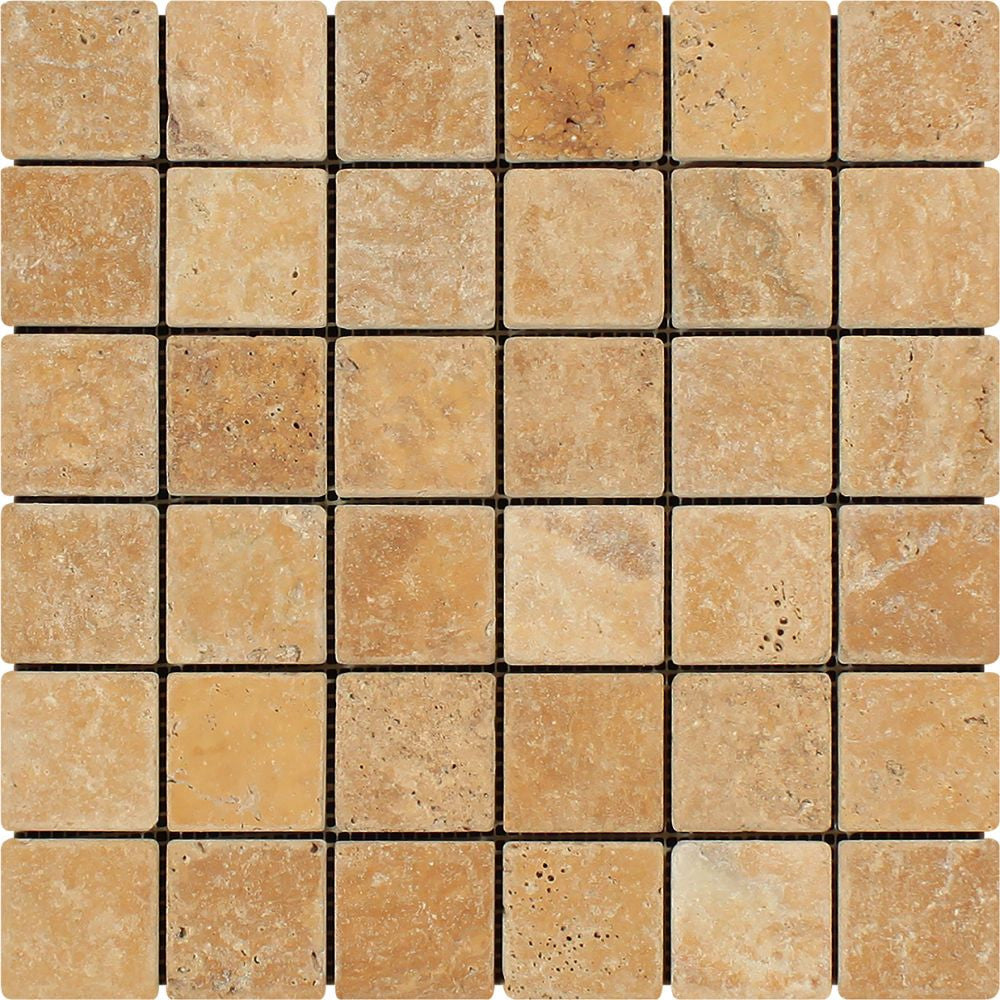 2 x 2 Tumbled Gold Travertine Mosaic Tile Sample - Tilephile