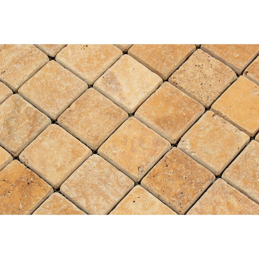 2 x 2 Tumbled Gold Travertine Mosaic Tile - Tilephile