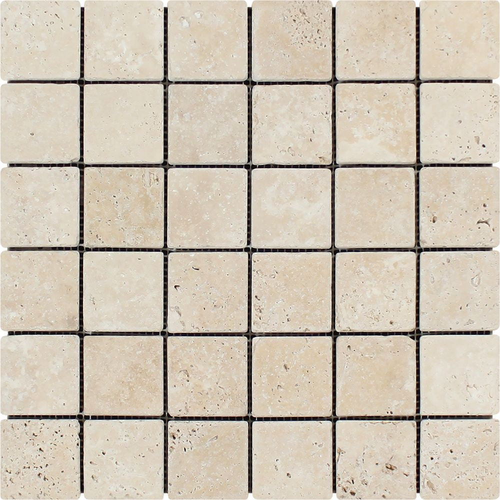 2 x 2 Tumbled Ivory Travertine Mosaic Tile Sample - Tilephile