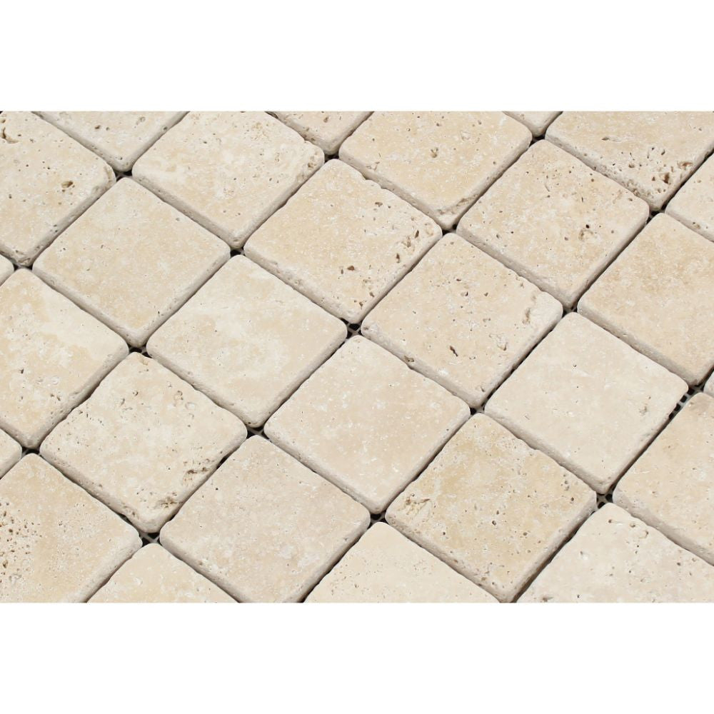 2 x 2 Tumbled Ivory Travertine Mosaic Tile - Tilephile