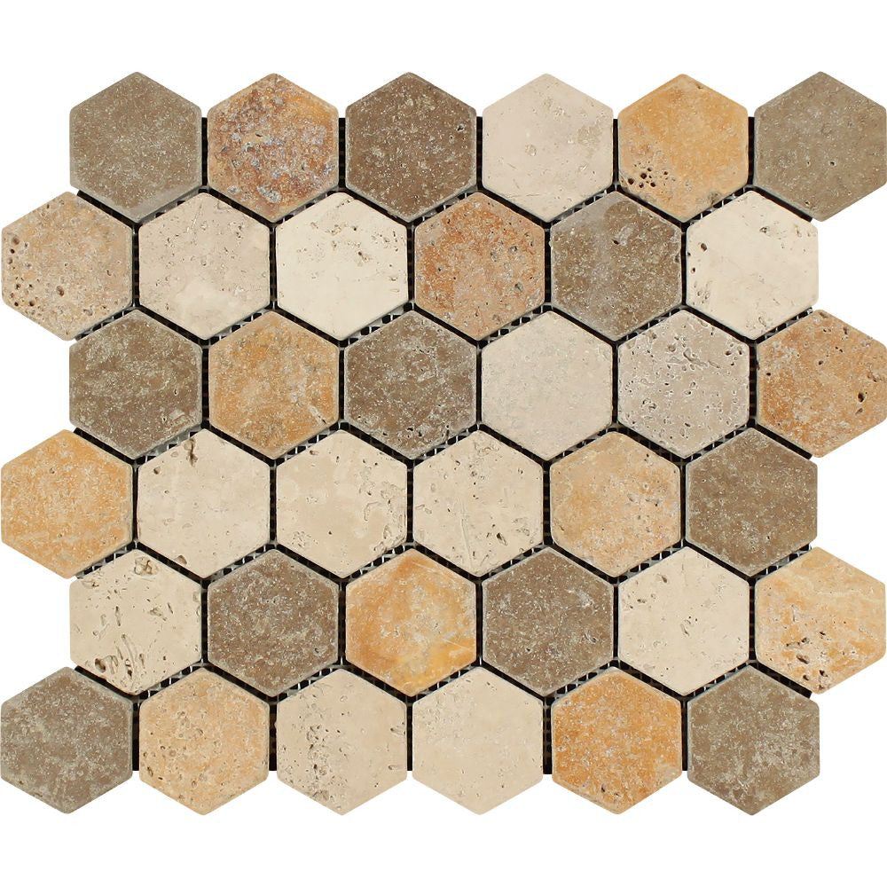 2 x 2 Tumbled Mixed Travertine Hexagon Mosaic Tile (Ivory + Noce + Gold) - Tilephile