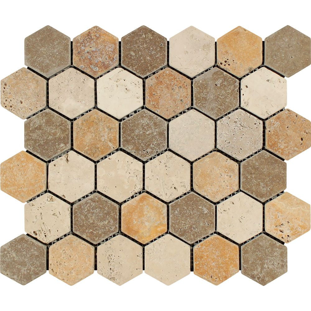 2 x 2 Tumbled Mixed Travertine Hexagon Mosaic Tile (Ivory + Noce + Gold) Sample - Tilephile