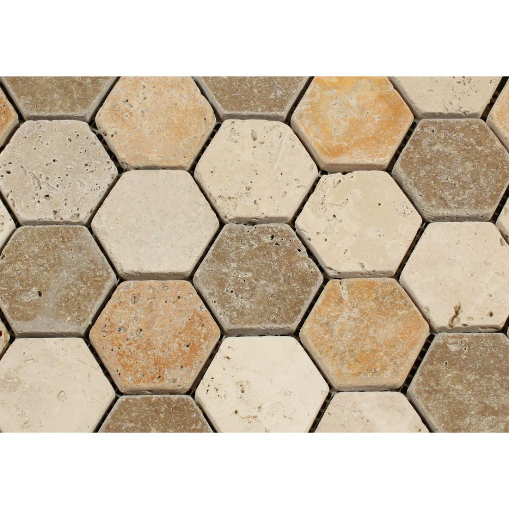 2 x 2 Tumbled Mixed Travertine Hexagon Mosaic Tile (Ivory + Noce + Gold) - Tilephile