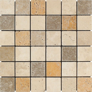 2 x 2 Tumbled Mixed Travertine Mosaic Tile (Ivory + Noce + Gold) - Tilephile
