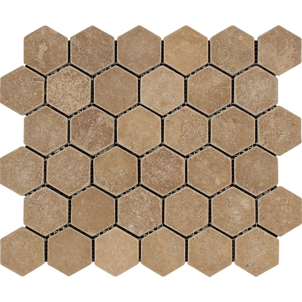 2 x 2 Tumbled Noce Travertine Hexagon Mosaic - Tilephile