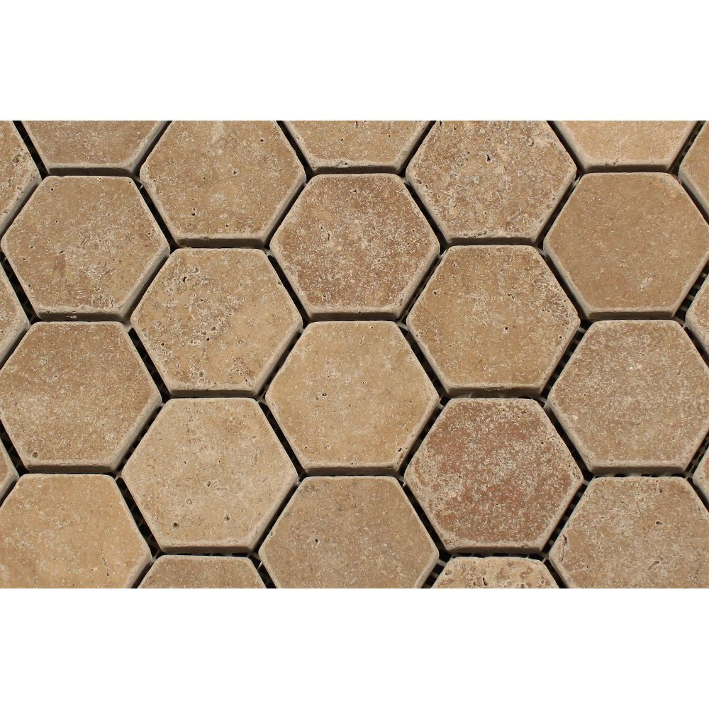2 x 2 Tumbled Noce Travertine Hexagon Mosaic - Tilephile