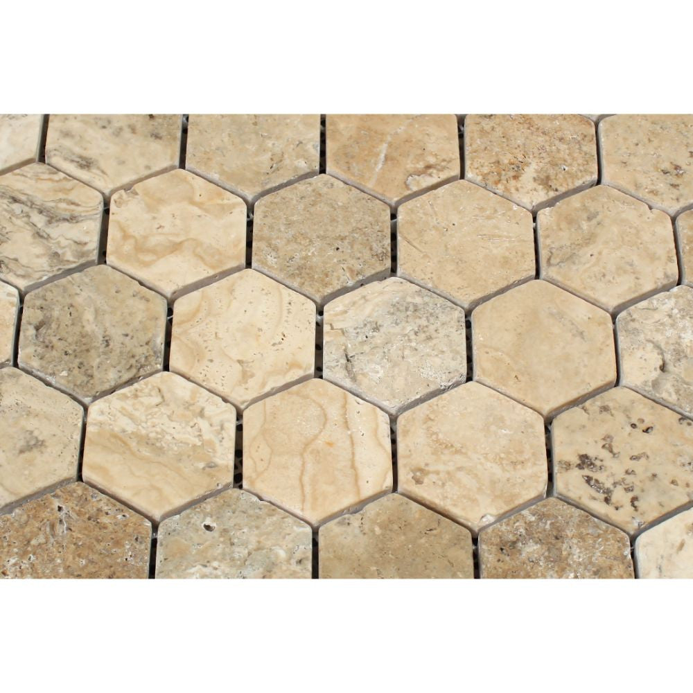 2 x 2 Tumbled Philadelphia Travertine Hexagon Mosaic Tile - Tilephile