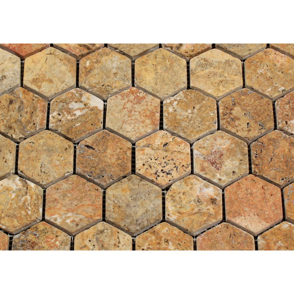 2 x 2 Tumbled Scabos Travertine Hexagon Mosaic Tile - Tilephile
