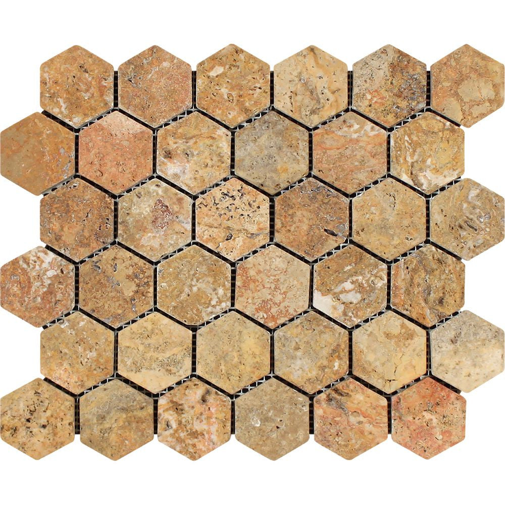 2 x 2 Tumbled Scabos Travertine Hexagon Mosaic Tile - Tilephile